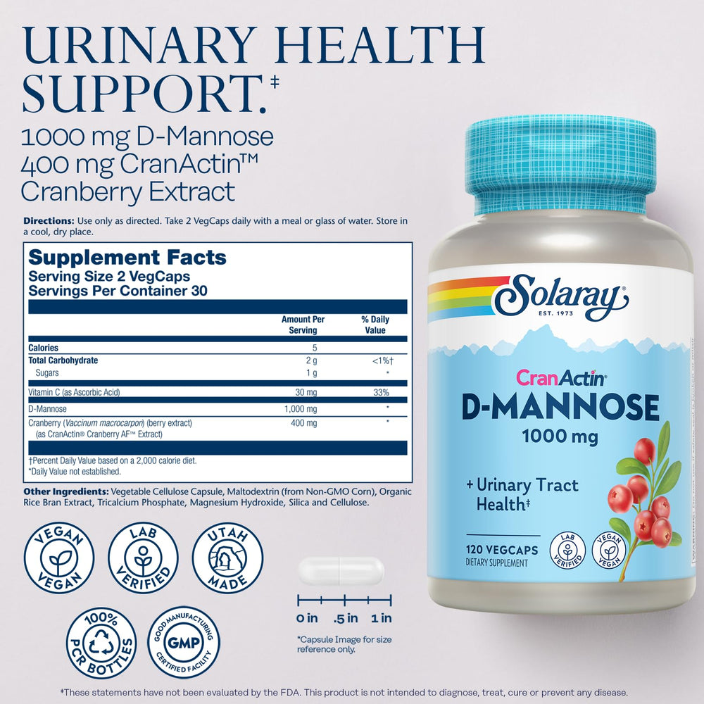 SOLARAY D-Mannose capsules closeup shows easy daily dosage for urinary health