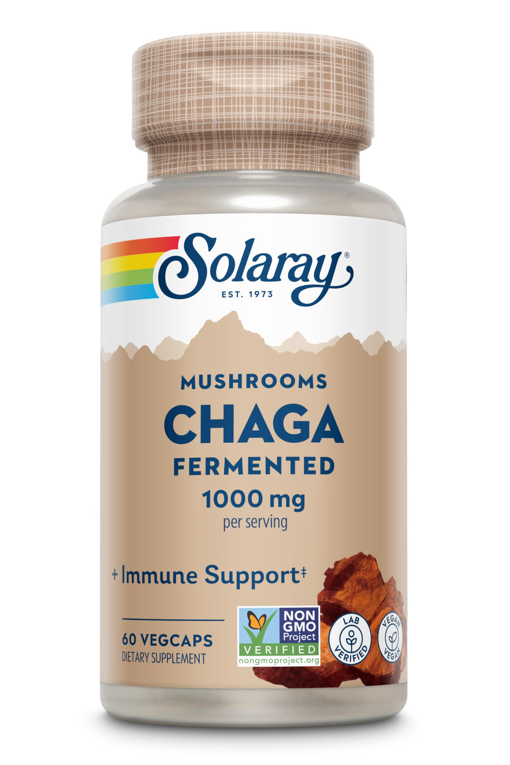 SOLARAY Fermented Chaga 1000 mg bottle close-up for daily immune support