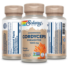 SOLARAY fermented mushroom powder in a bowl suggests enhanced absorption.
