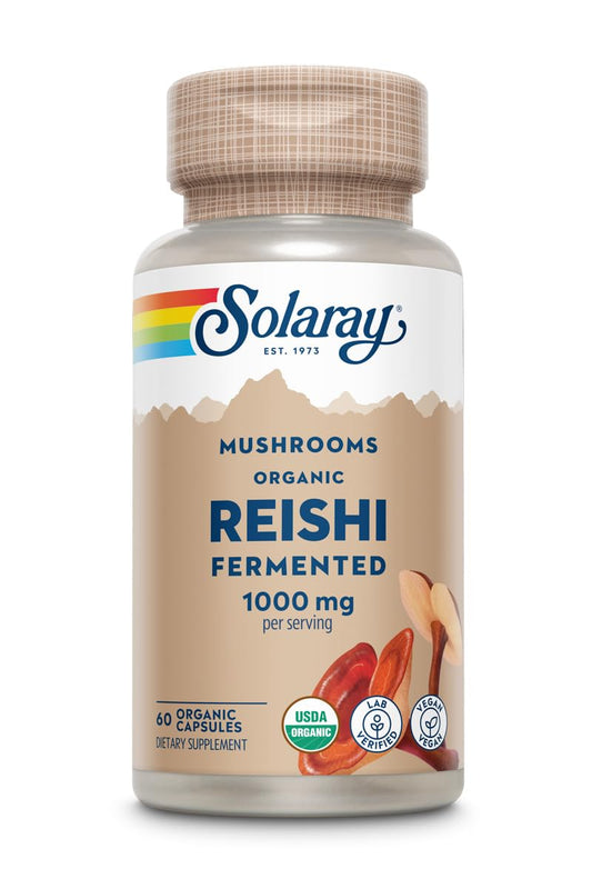 Solaray fermented reishi bottle on shelf highlighting immune-related benefits
