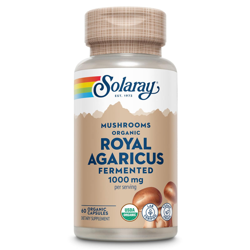 SOLARAY Fermented Royal Agaricus mushroom bottle shows lab-verified, vegan supplement.