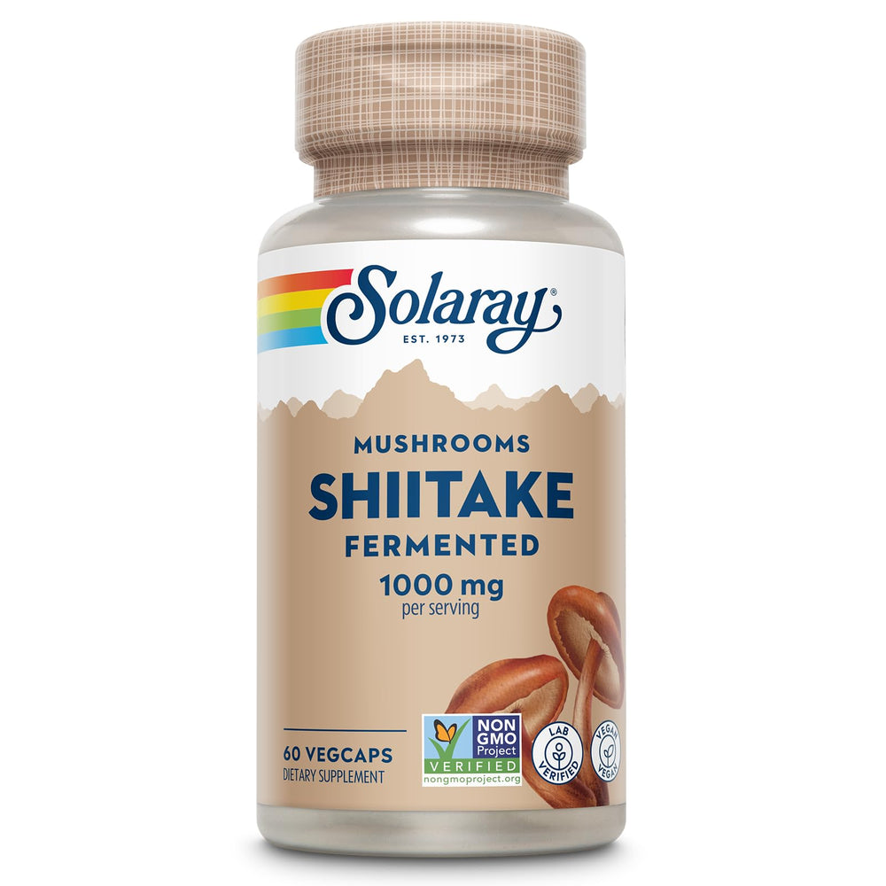 SOLARAY Fermented Shiitake 500mg bottle highlights vegan, non-GMO formula for daily wellness