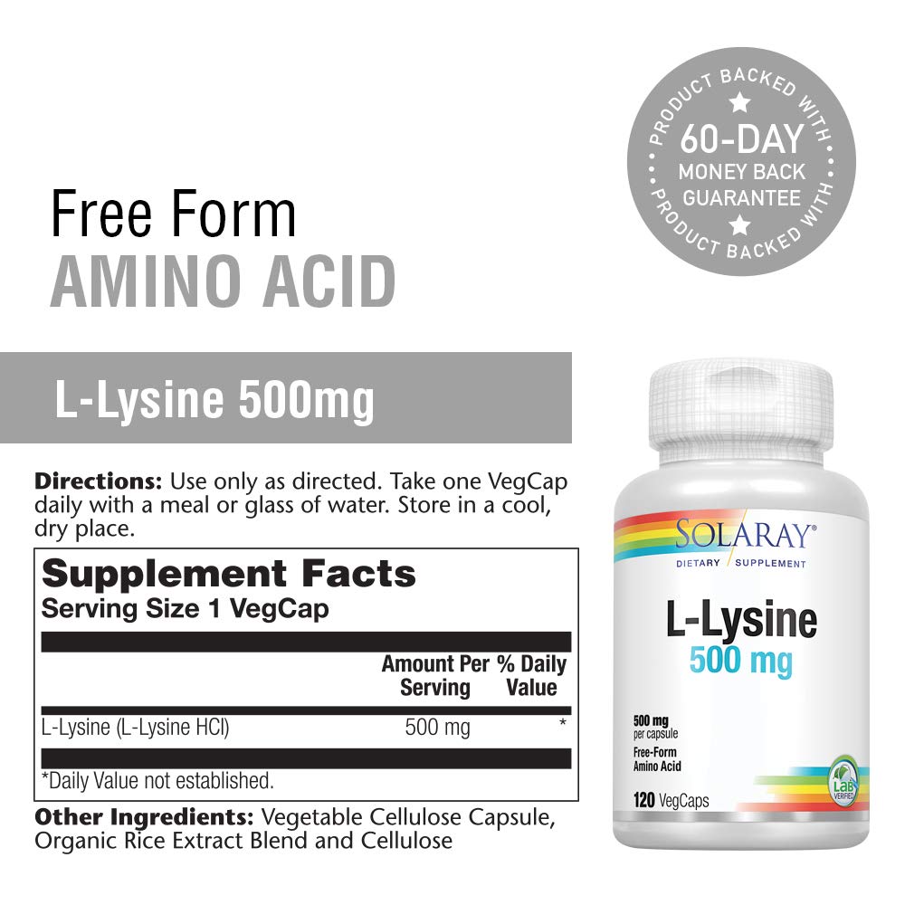 SOLARAY Free-Form L-Lysine 500mg capsules close-up, convenient daily capsules.