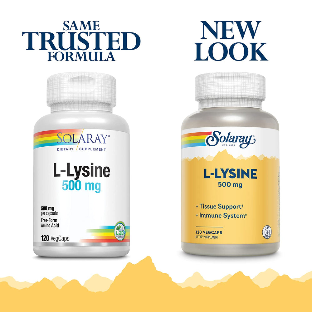 SOLARAY Free-Form L-Lysine 500mg bottle on shelf supports daily use.