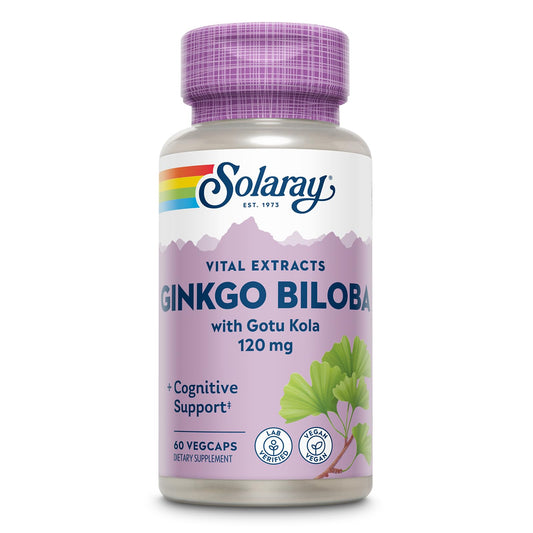 SOLARAY Ginkgo Biloba with Gotu Kola bottle for daily brain support.