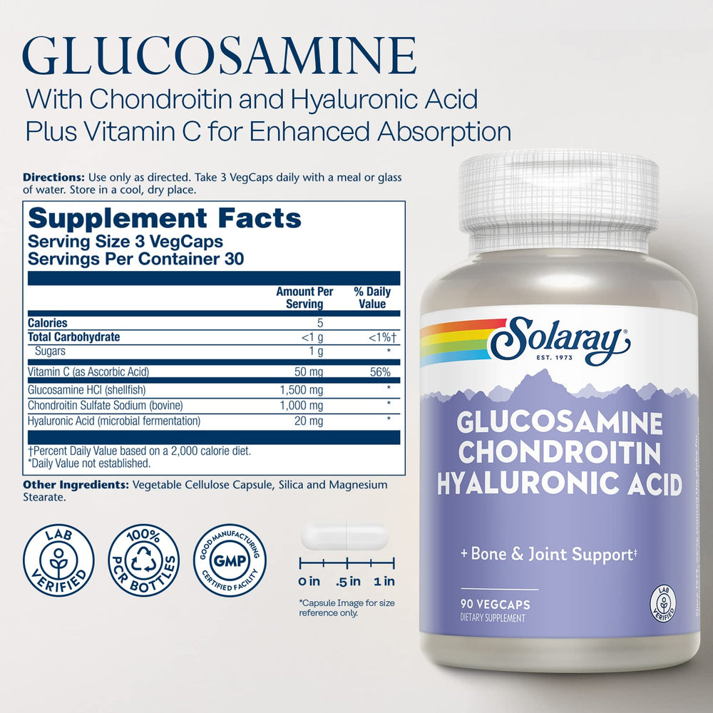 SOLARAY glucosamine chondroitin hyaluronic acid capsules closeup show easy-to-swallow design.