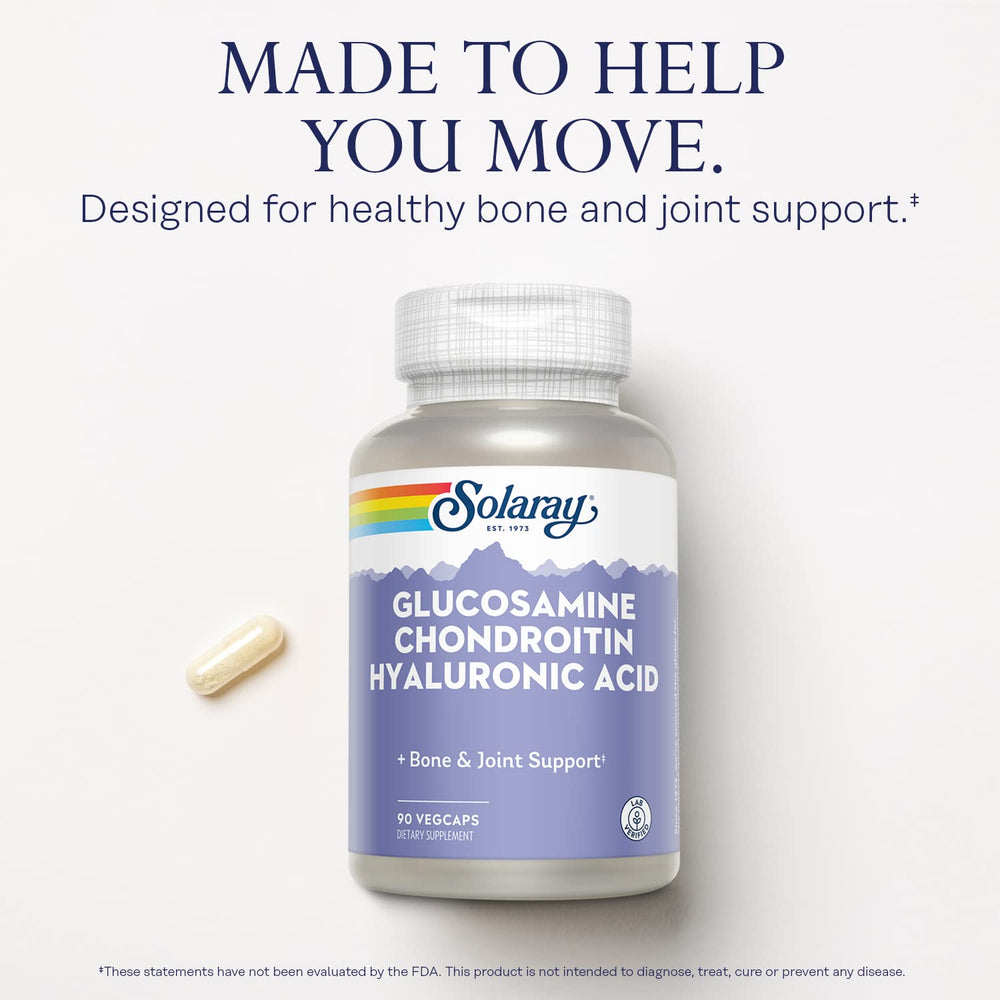 SOLARAY glucosamine chondroitin hyaluronic acid dispensed capsules for on-the-go routines.