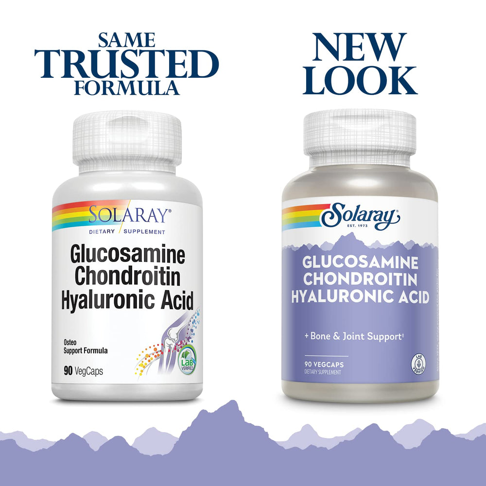 SOLARAY glucosamine chondroitin hyaluronic acid package highlights eco-friendly PCR packaging.
