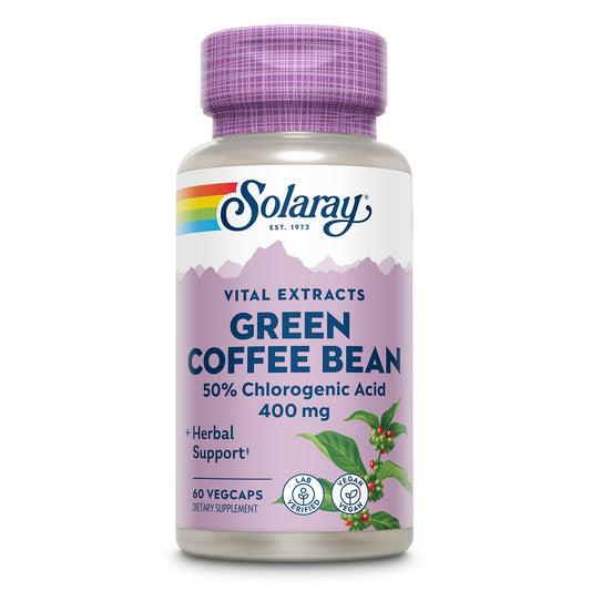 SOLARAY Green Coffee Bean Extract bottle front view, vegan capsules for daily wellness.