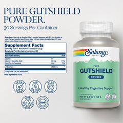 SOLARAY Gutshield powder label closeup highlights L-Glutamine, zinc, and vitamin C for digestive support.