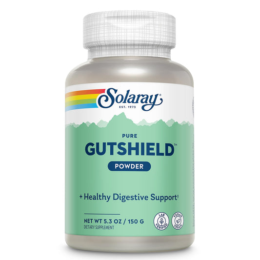 SOLARAY Gutshield powder tub shows vegan, non-GMO formula for digestive care.