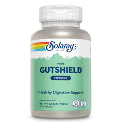 SOLARAY Gutshield powder tub shows vegan, non-GMO formula for digestive care.