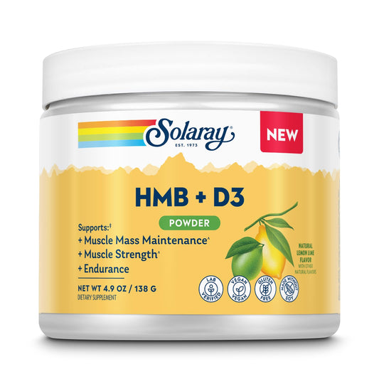 SOLARAY HMB Plus D3 bottle label showing vegan and gluten-free formula for bone and muscle support