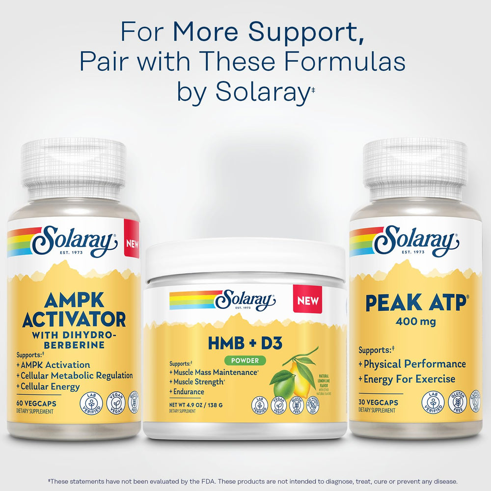 SOLARAY HMB Plus D3 eco bottle emphasizing sustainable packaging and quality ingredients