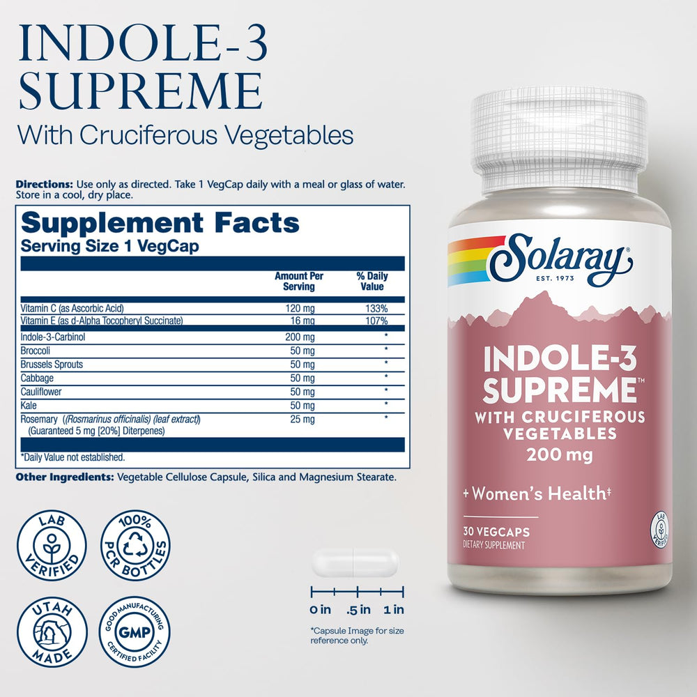 SOLARAY Indole-3 Supreme capsules ready for daily supplementation