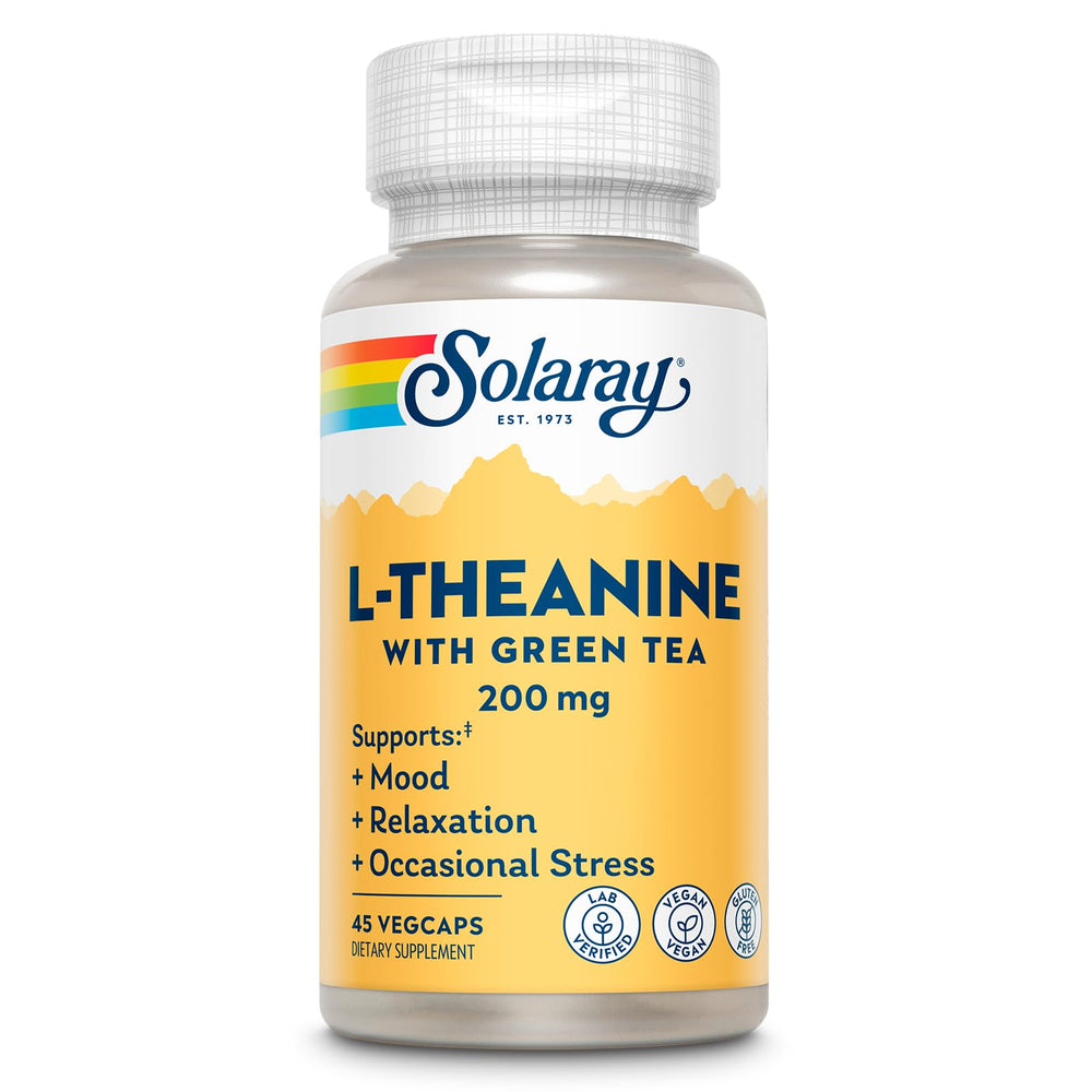 SOLARAY L-Theanine 200mg capsules showcased for calm mood support in a vegan, gluten-free formula