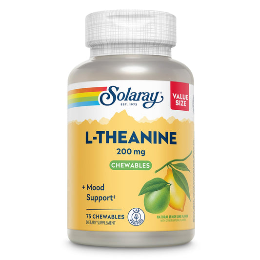 Solaray L-Theanine 200mg chews lemon-lime bottle view; supports mood focus.