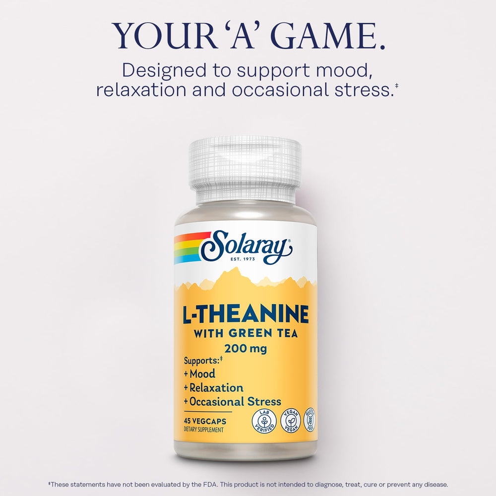 Green tea leaf image with SOLARAY label highlights natural ingredients and wellness potential