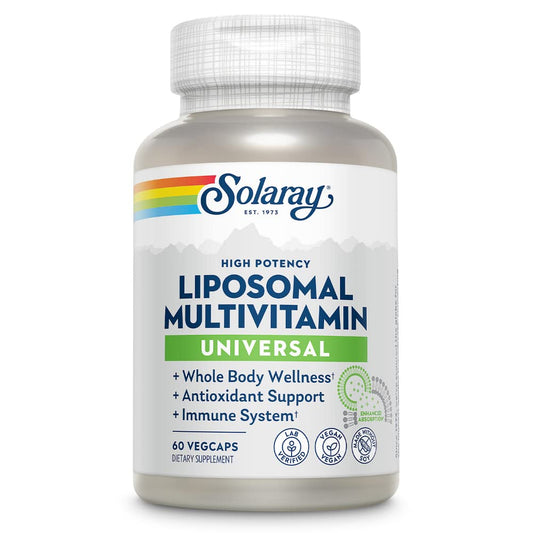 SOLARAY Liposomal Multivitamin bottle showing easy daily dosing and support.