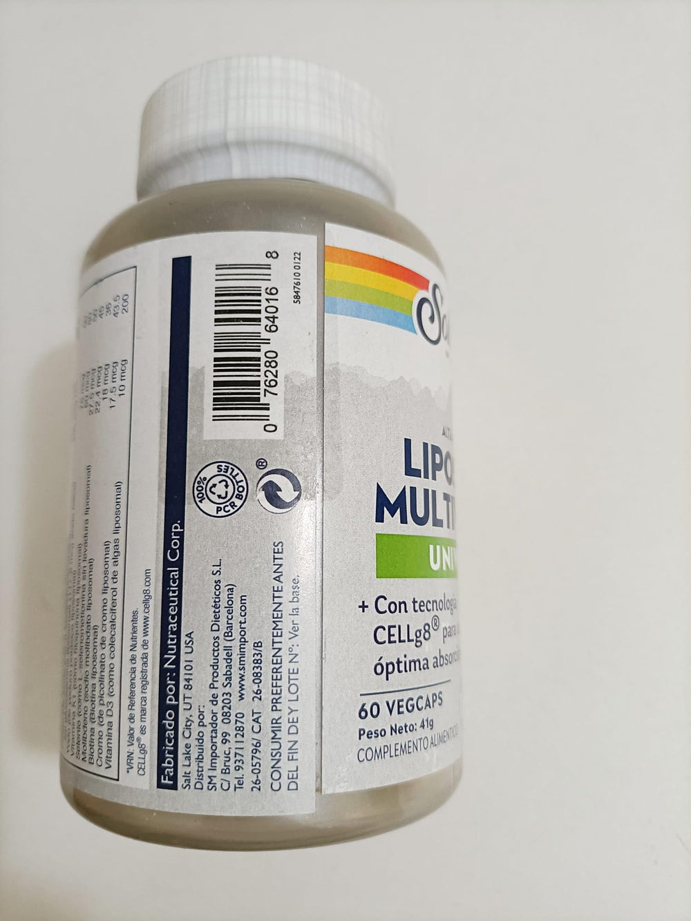 SOLARAY Liposomal Multivitamin eco-packaging emphasizing sustainable bottle materials.