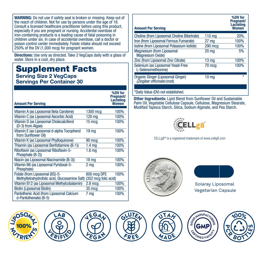 SOLARAY Liposomal Prenatal capsules close-up highlighting vegan, gentle-digestion formula