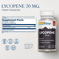 Solaray Lycopene 20mg bottle label close-up emphasizing tomato-based sourcing and quality