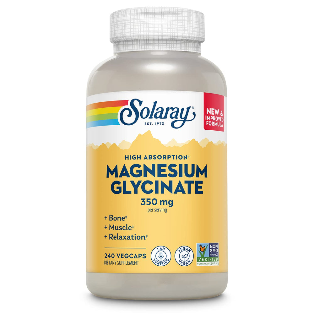 SOLARAY Magnesium Glycinate bottle closeup highlighting high-absorption formula
