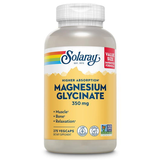 SOLARAY Magnesium Glycinate capsules bottle for higher absorption and daily mineral support.