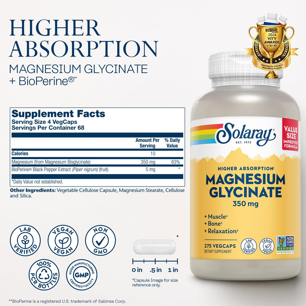 SOLARAY Magnesium Glycinate capsules closeup shows chelated magnesium for nerves and muscles.