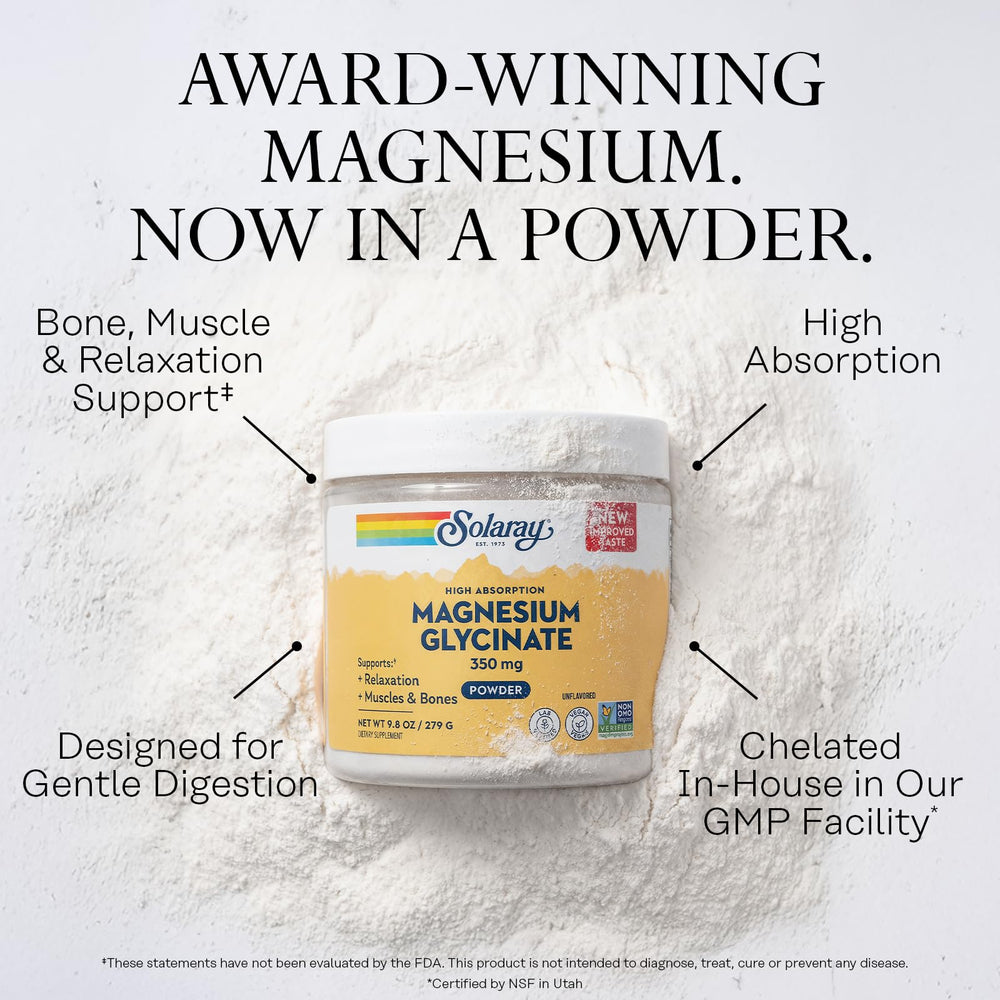 SOLARAY Magnesium Glycinate powder pour into water demonstrates simple mixing.