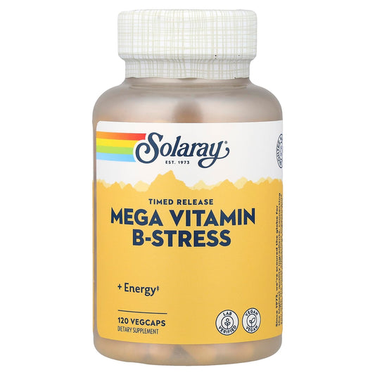 Solaray Mega B Stress bottle top view with capsules and label highlighting two-stage release