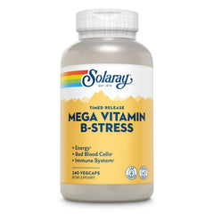 SOLARAY Mega Vitamin B-Stress bottle label highlights high-potency B vitamins for energy support.