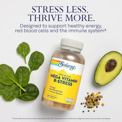 SOLARAY Mega Vitamin B-Stress tablets close-up emphasizes B vitamins for resilience.