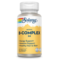 SOLARAY Methyl B Complex 50mg bottle with capsules supports energy metabolism and nerve health.