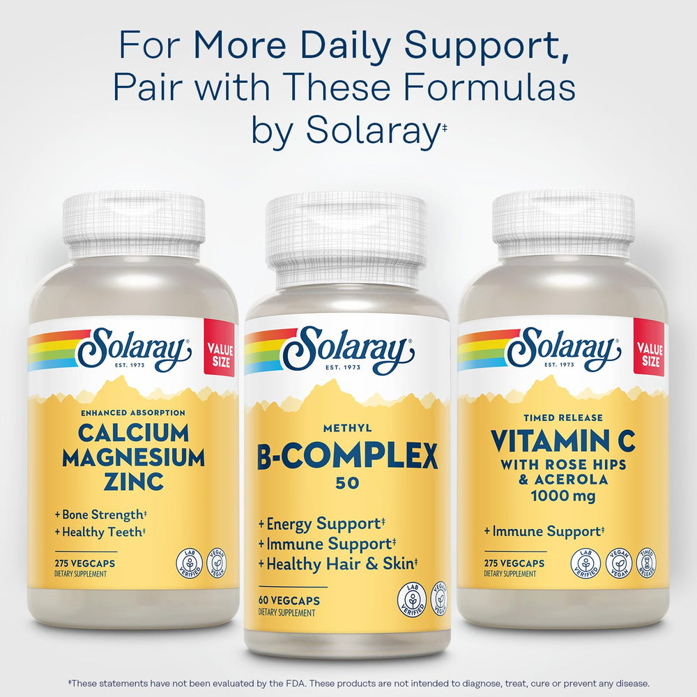 SOLARAY Methyl B Complex lab testing seal indicates quality and purity.