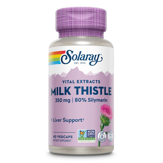SOLARAY Milk Thistle bottle 350 mg for daily liver support.