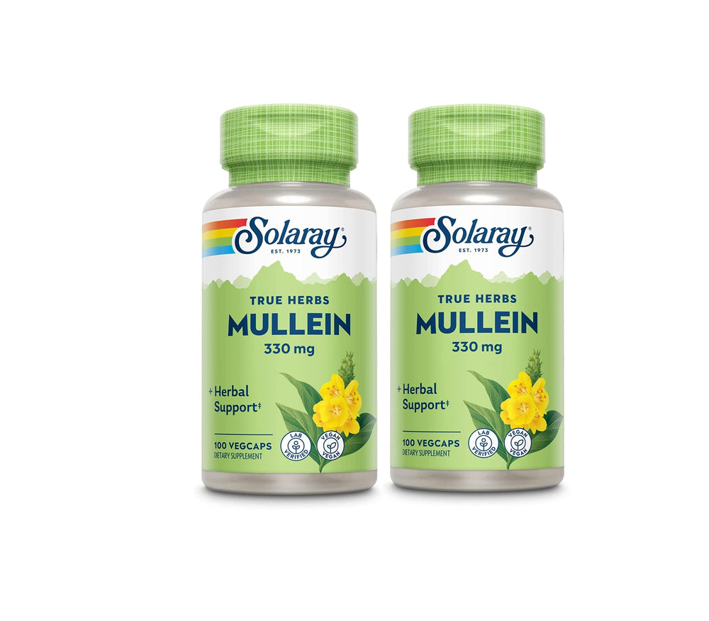 SOLARAY Mullein Leaf bottle front, vegan respiratory support supplement.