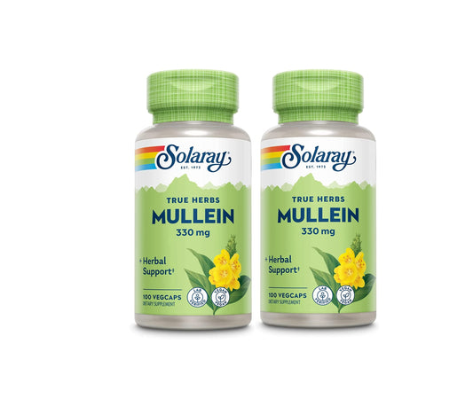 SOLARAY Mullein Leaf bottle front, vegan respiratory support supplement.