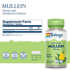 SOLARAY Mullein Leaf capsules closeup, plant-based bronchial wellness.