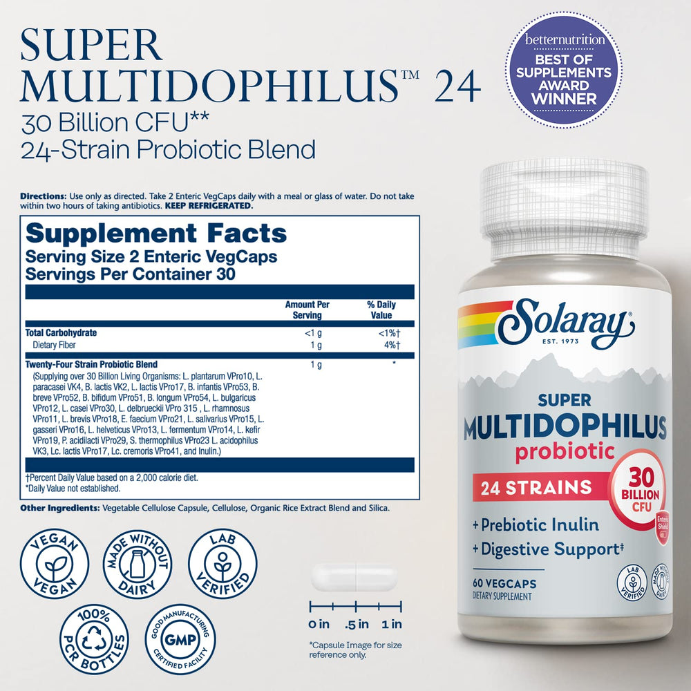 Label detail shows 30 billion CFU per serving for Solaray Multidophilus.