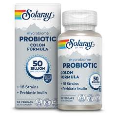 SOLARAY Mycrobiome bottle front view showing vegan probiotic formula for daily gut balance.