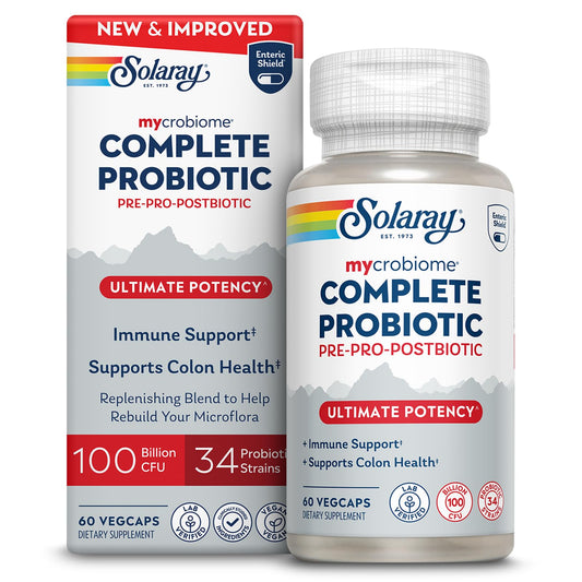 SOLARAY Mycrobiome bottle label showcases 100B CFU across 34 strains for daily support.