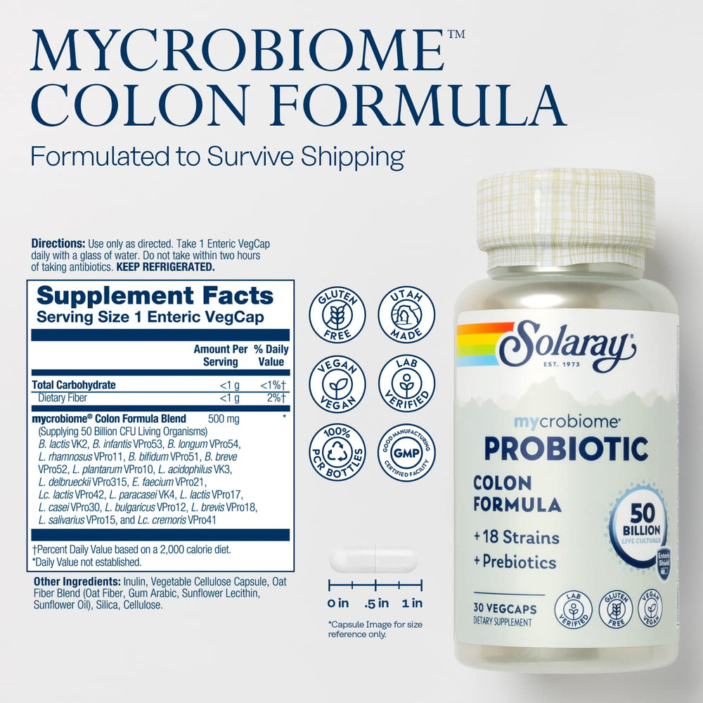 SOLARAY Mycrobiome bottle-label detail highlighting 50B CFU and 18 strains for versatility.