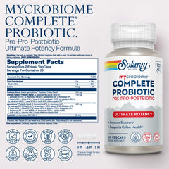 SOLARAY Mycrobiome capsules closeup highlights easy-to-swallow VegCaps for everyday use.
