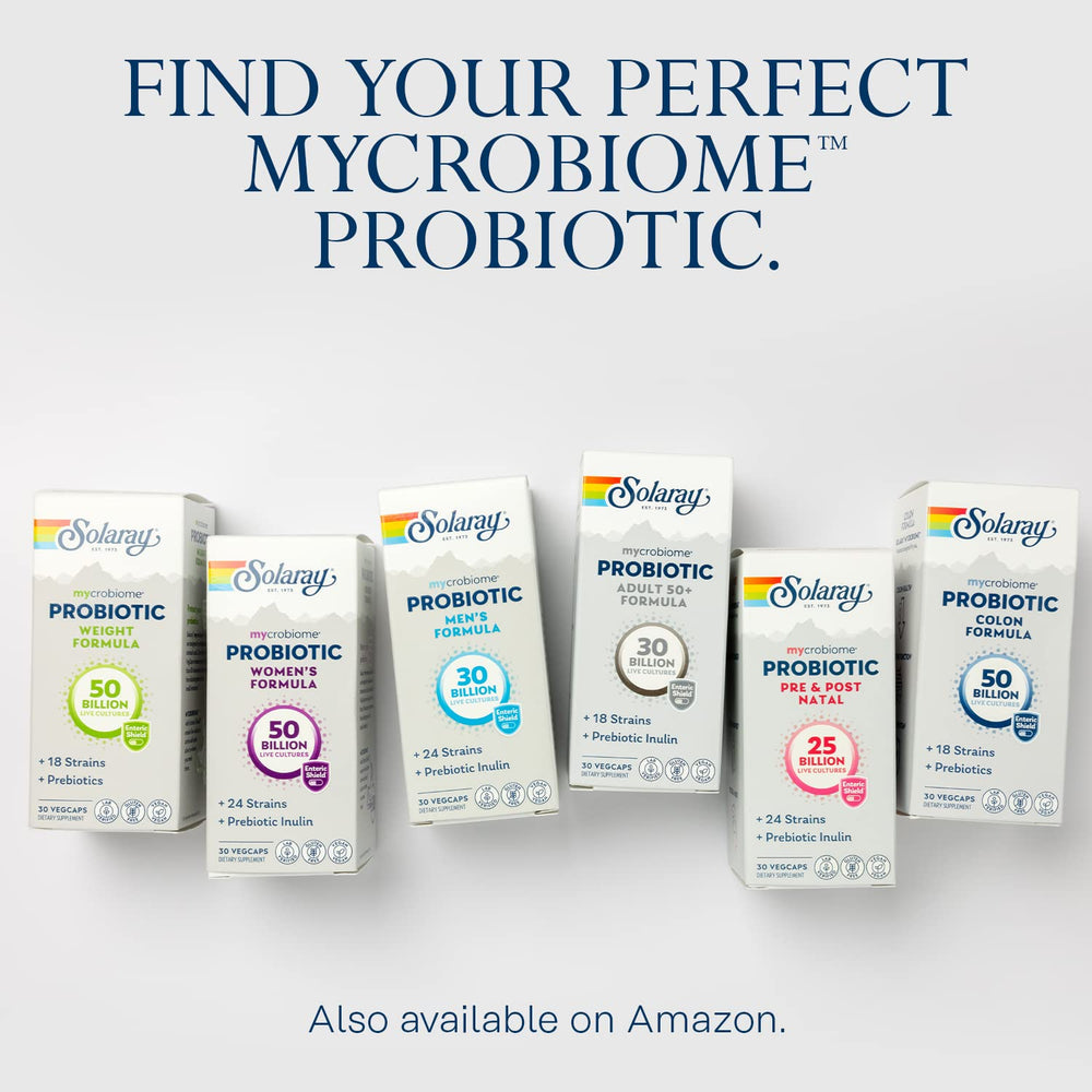 SOLARAY Mycrobiome eco packaging bottle emphasizing sustainable PCR packaging materials.