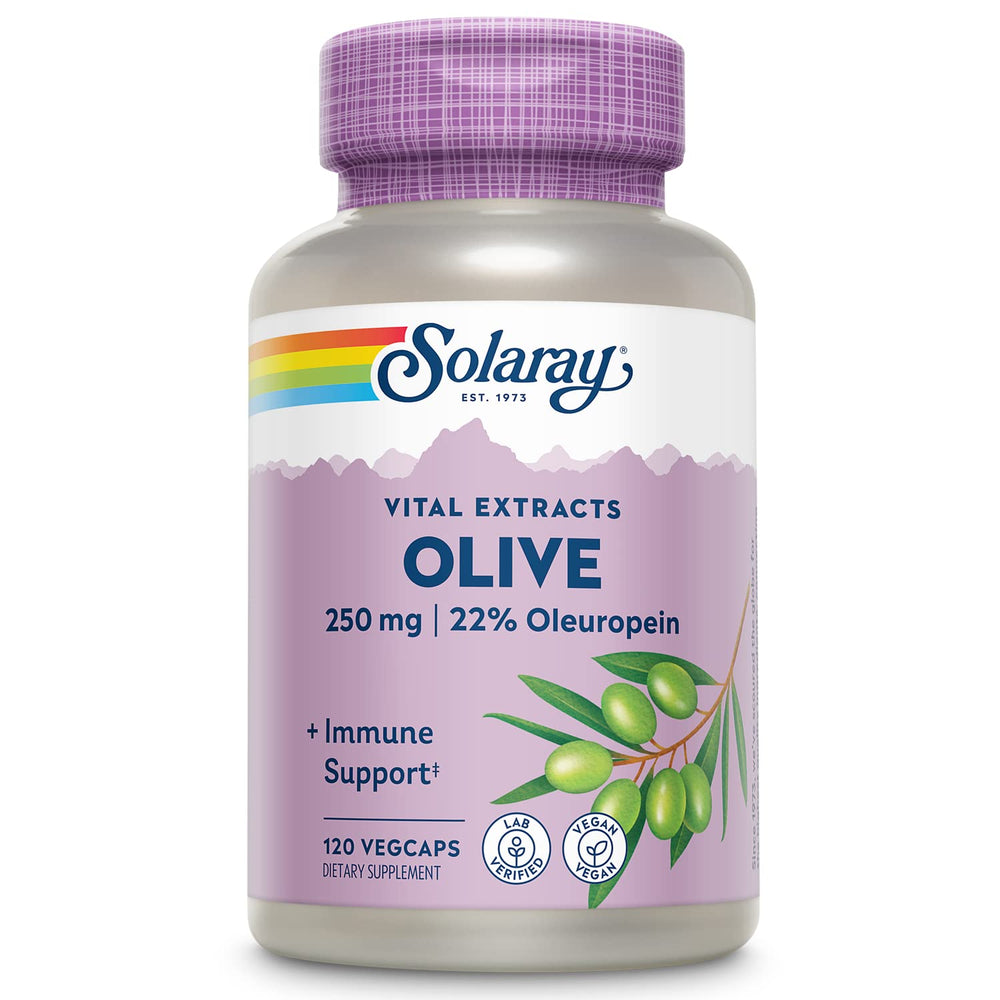 SOLARAY Olive Leaf Capsules bottle show vegan wellness formula for daily support.