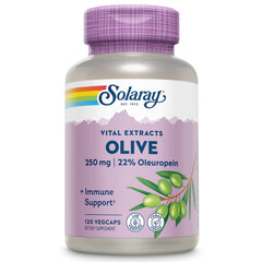 SOLARAY Olive Leaf Capsules bottle show vegan wellness formula for daily support.