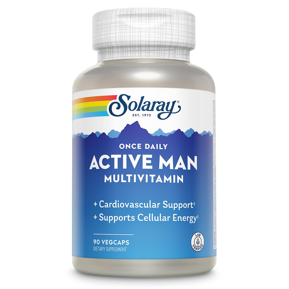SOLARAY Once Daily Active Man bottle front view highlighting compact, portable energy support.