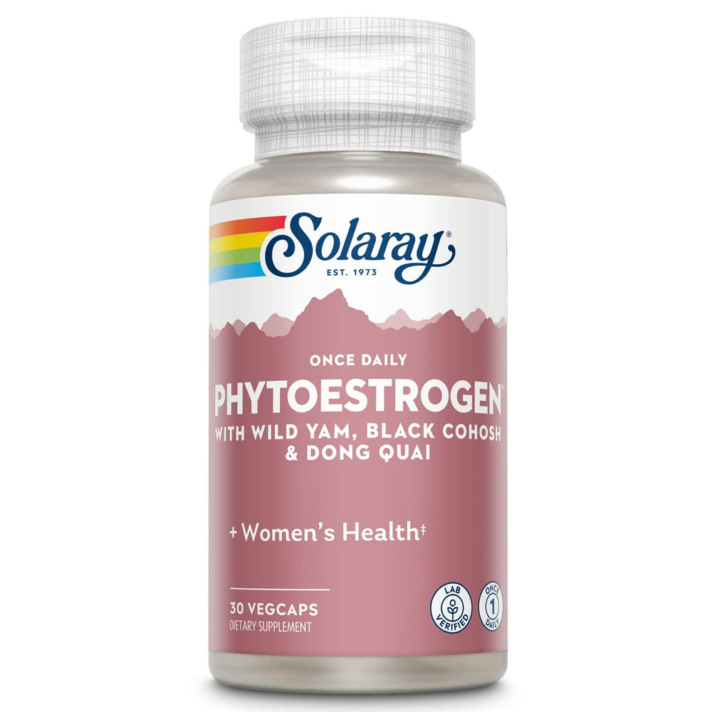 SOLARAY Once Daily Phytoestrogen bottle shows the product as part of a daily routine for hormonal balance support