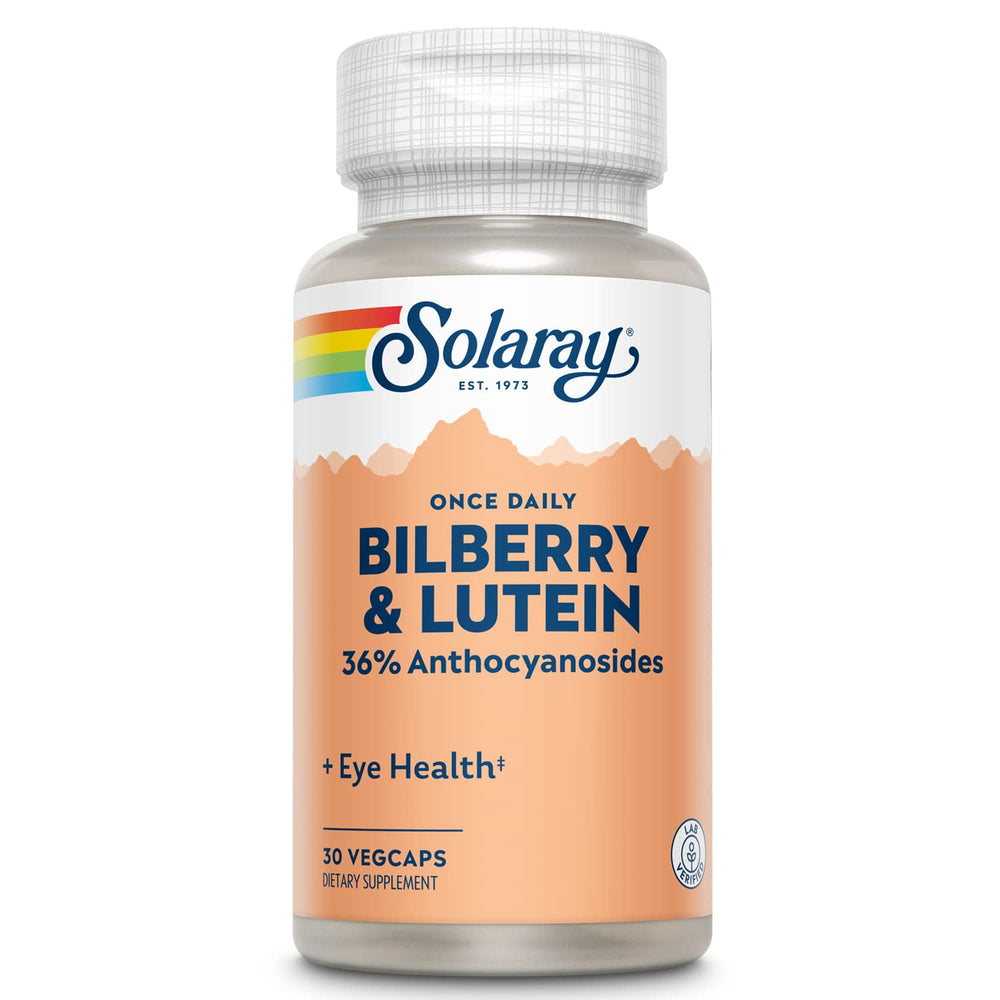 SOLARAY One Daily Bilberry and Lutein label close-up highlighting purity and quality